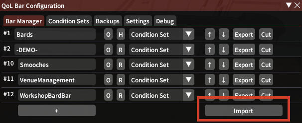 QoL Bar - Bar Manager An image displaying the bar manager tab for the QoL Bar plugin, with the import button highlighted
